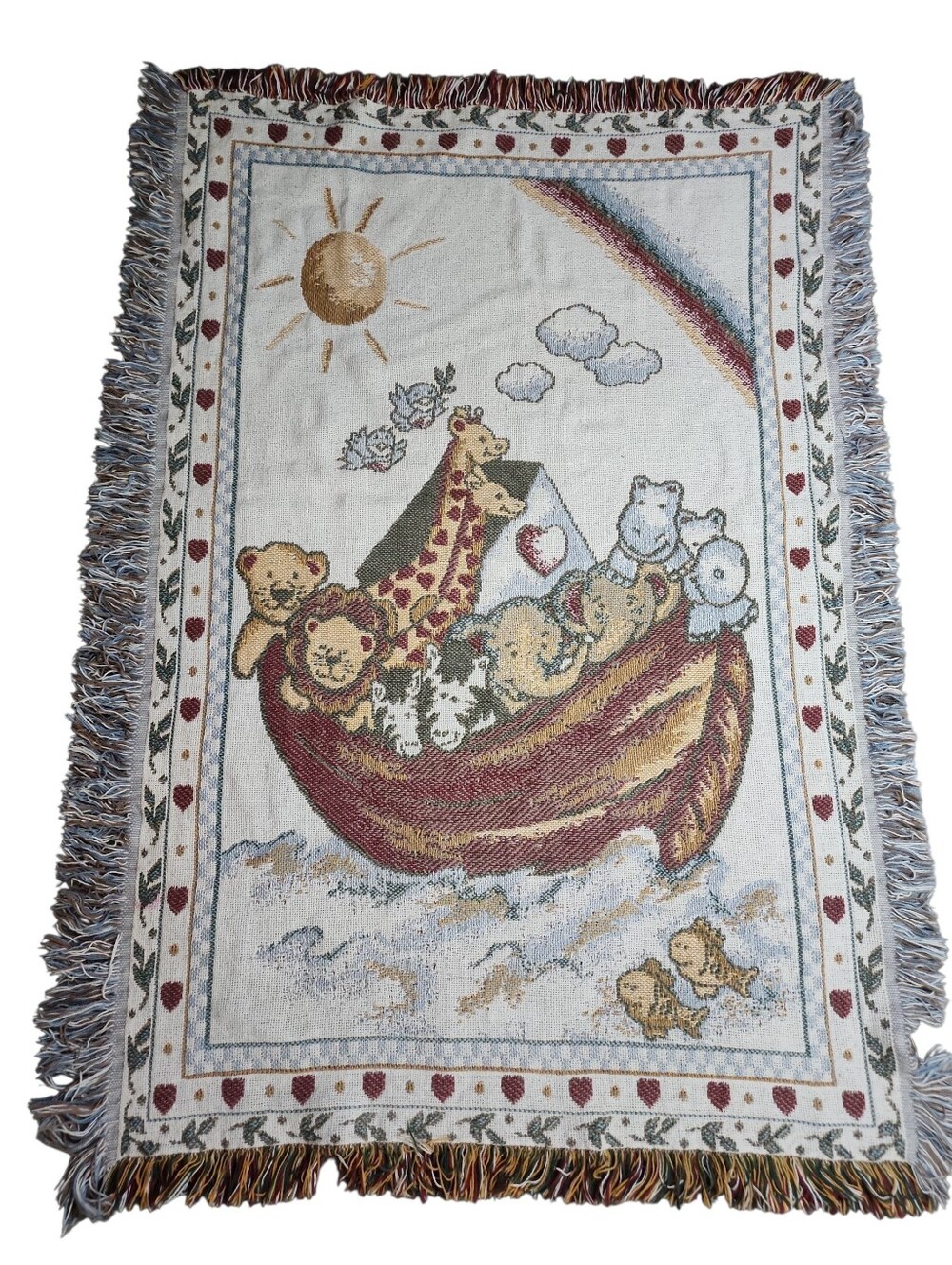 Vintage Noahs Ark Tapestry Nursey Throw Blanket Fringe 46x31